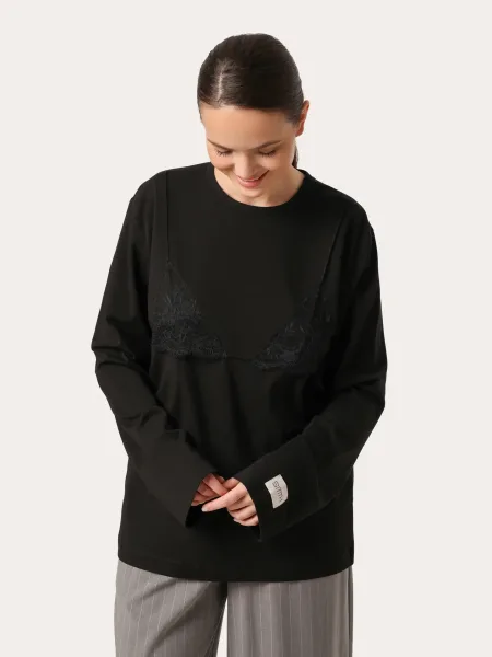 Maglia oversize nera con pizzo sul petto