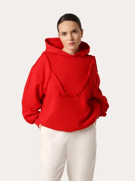 Hoodie rosso con bralette decorativo in cotone premium