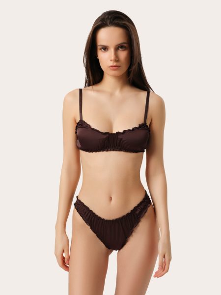 Set in seta con volant — marrone cioccolato