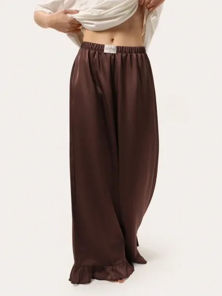 Pantaloni in seta color cioccolato con volant