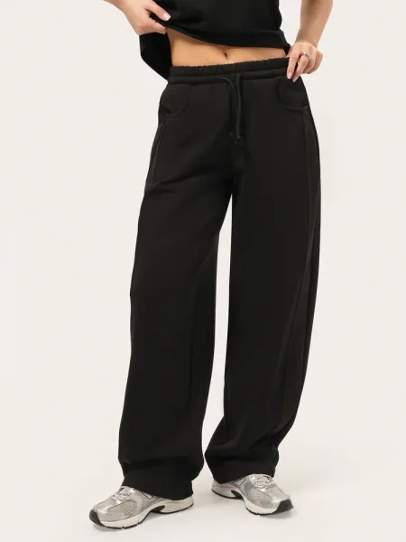 Pantaloni wide-leg color neri in tessuto a tre fili