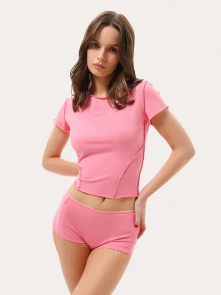 T-shirt slim in cotone rosa con ricamo logo