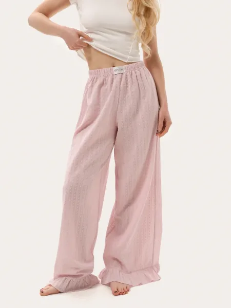 Pantaloni estivi leggeri color cipria con ruches