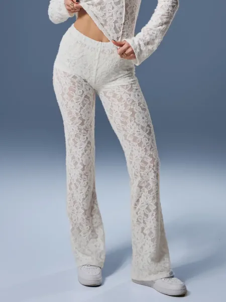 Leggings color latte a zampa in pizzo testurizzato effetto fluffy