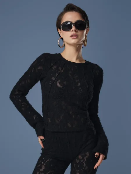 Maglia slim nera a maniche lunghe in pizzo testurizzato effetto fluffy