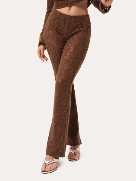 Leggings caramello a zampa in pizzo testurizzato effetto fluffy