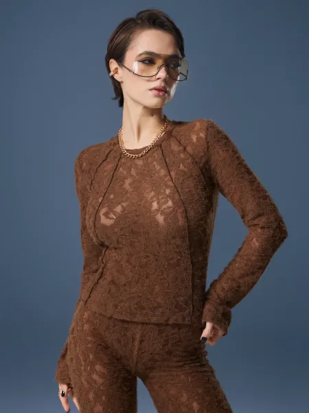 Maglia slim caramello a maniche lunghe in pizzo testurizzato effetto fluffy