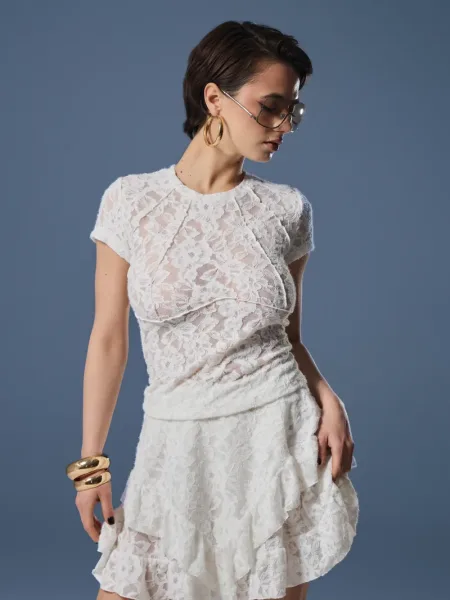 T-shirt color latte in pizzo testurizzato effetto fluffy