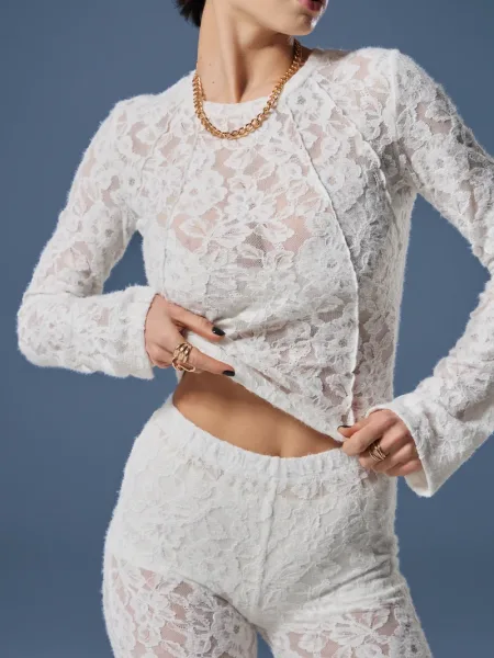 Maglia slim color latte a maniche lunghe in pizzo testurizzato effetto fluffy