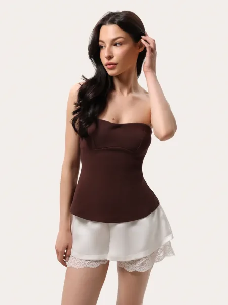 Top in cotone color cioccolato senza spalline