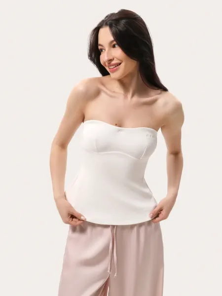 Top color latte in cotone senza spalline
