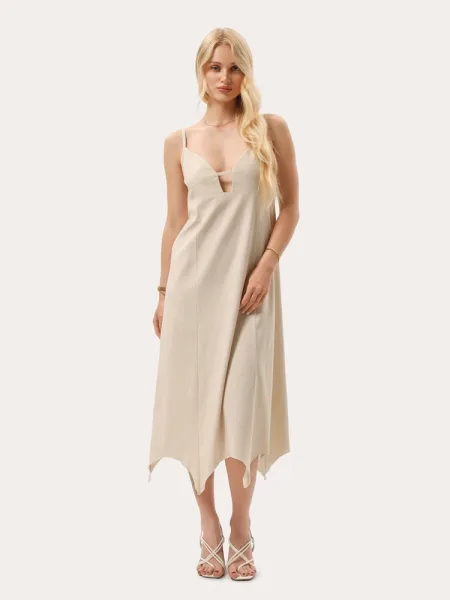 Abito midi in lino beige