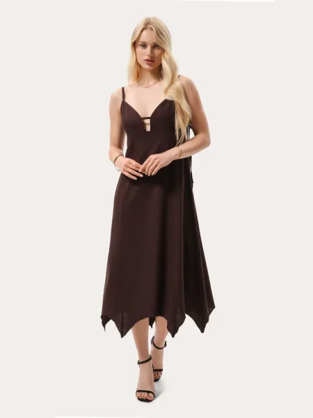 Abito midi in lino marrone