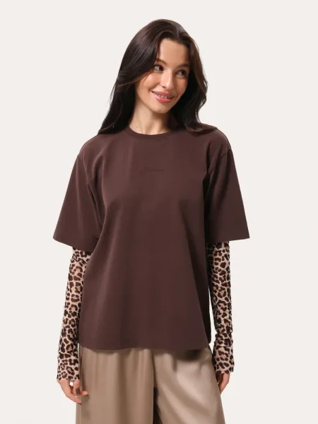 Longsleeve oversize marrone con maniche leopardate