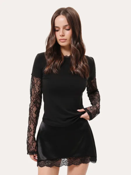 Longsleeve aderente semitrasparente con maniche in pizzo – nero