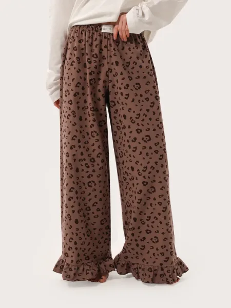 Pantaloni homewear leopardati con volant – cappuccino