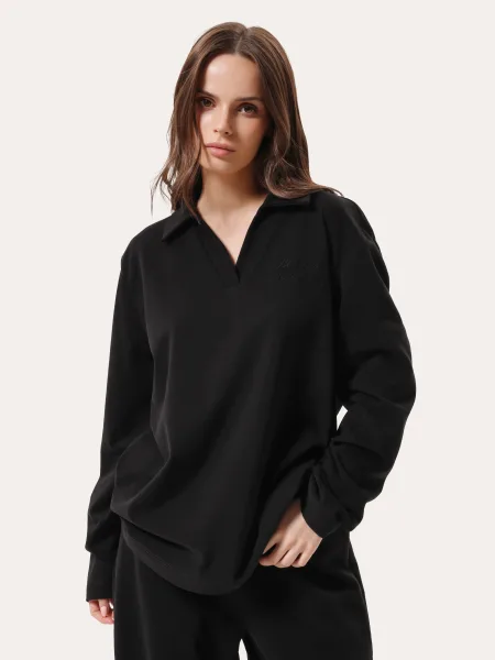 Longsleeve polo oversize con ricamo – nero