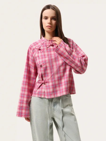 Camicia rosa a quadri in stile asiatico