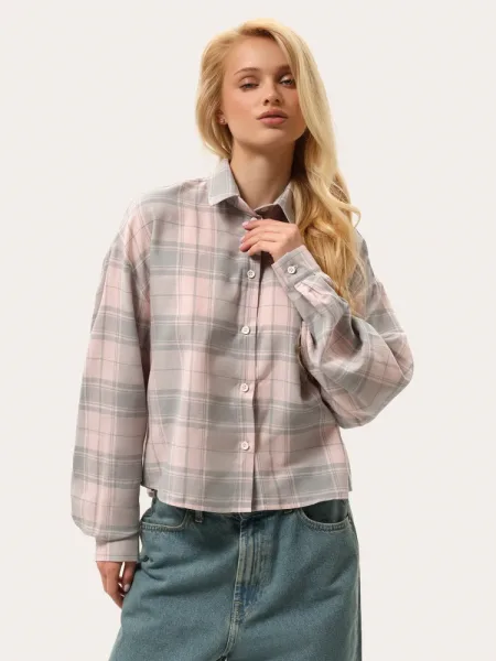 Camicia leggera estiva a quadri – rosa e grigio