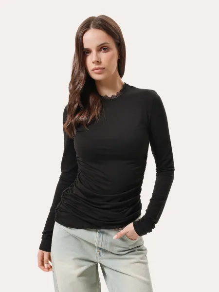 Longsleeve aderente con arricciatura laterale e pizzo – nero