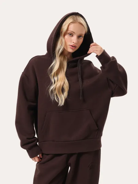 Felpa con cappuccio da donna basic con ricamo – cioccolato