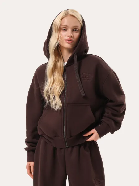 Zip hoodie da donna basic con ricamo – cioccolato